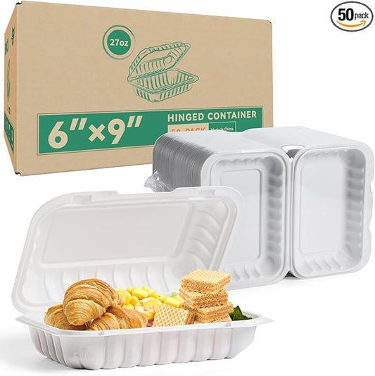 50 Pack 27oz 9x6 Takeout Containers - Shrink Wrapped No Pre-Wash | BPA Free MFPP Sturdy | Reusable & Secure Seal | Microwave Safe To Go Boxes for Leftovers, Catering & Meal Delivery | White by LEOBOX