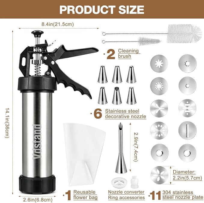 3-in-1 Cookie Press and Churro Maker, Stainless Steel Baking Gun | 11 cookie discs, 6 piping tips, filling nozzle, reusable piping bag, 2 cleaning brushes, for cookies, churros and icing - Image 6