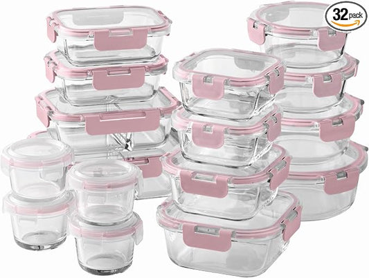 COOK WITH COLOR Premium 32-Pc. Borosilicate Glass Food Container Set with Dividers - 4 Rectangles, 8 Rounds, 4 Squares - Leakproof Lids - Meal Prep, Storage, Pink by CookwithColor