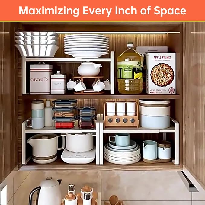 Expandable Cabinet Shelf Organizer for Kitchen 11", White (2 Pack) | Expandable 14-25" Metal Countertop Organizer for Kitchen, , Fits Pantry, Over Sink, Spices, Microwave & Dishes - Image 7