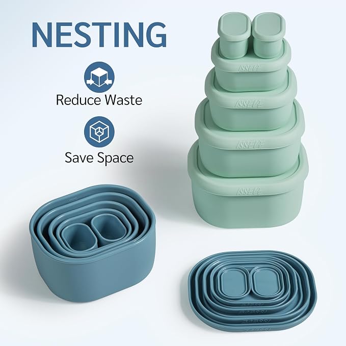 ISSEVE 12Pcs/Set Nesting Silicone Food Storage Containers with Lids | BPA-free, Reusable, Meal Prep Containers, Small Freezer Portions, Dishwasher Cleaning, Nested Cabinet Storage, 5 Sizes, Blue - Image 3