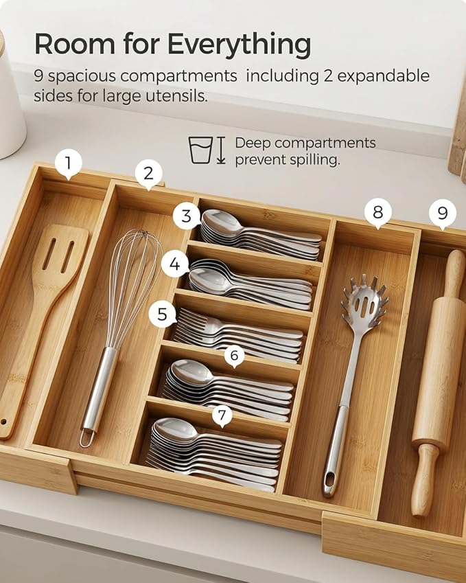Expandable Bamboo Silverware Drawer Organizer – Adjustable 29" Wide Wooden Utensil Tray with 9-Compartments, Large Kitchen Flatware & Spoon Holder, Natural Solid Wood for Drawers - Image 3