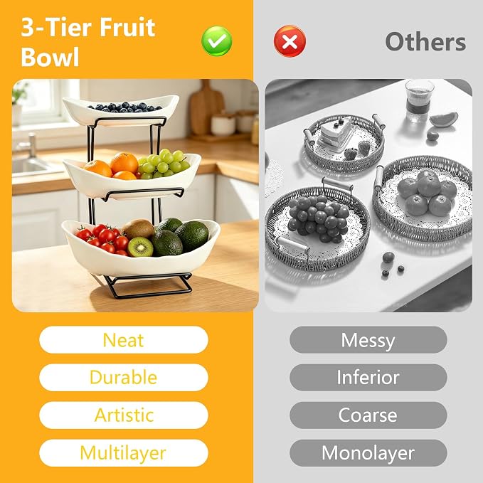 3 Tier Ceramic Fruit Basket for Kitchen Counter with Metal Stand, Fruit Bowls with Rack, Porcelain Bowls for Vegetable Bread Candy Snack Nuts Dessert Cake Tray - Image 4