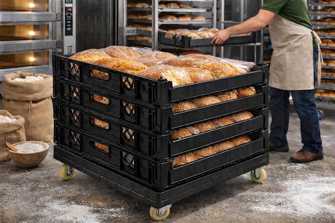 [4-Pack] Black Plastic Bread Tray, 29 x 26 x 6 Inches, 12-Loaf Capacity, Stackable with Reinforced Corners, Dual Handles for Commercial Bakery - Image 3