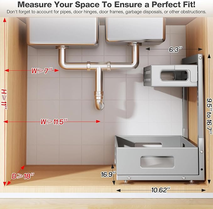 2 Pack 17IN-Depth Under Sink Organizer,Pull Out Cabinet Organizer With Smooth Cylindrical Rail,Metal Slide Out Drawer for Kitchen Bathroom Laundry,8-Level Tool Free Height Adjustable-Gun Gray - Image 2