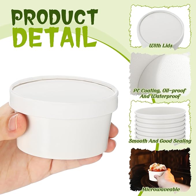 Fulmoon 100 Pack Paper Soup Containers with Lids Disposable Paper Food Containers with Vented Lid Kraft Ice Cream Cake Dessert Cups Soup Bowl for Party Hot Food Fruit Microwave(4 oz,White) - Image 3