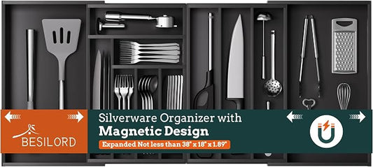 Bamboo Expandable Silverware Drawer Organizer 11 Slots Utensil Holder Black | Magnetic Adjustable Connection, 21-37.4 Inch Telescopic, 11 Divided Compartments, Black Bamboo, Classify All Kitchen Flatware by Besilord