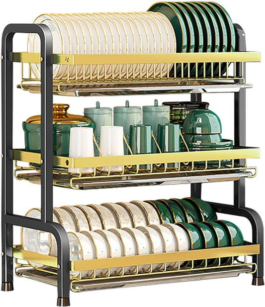 CAKERS Dish Drying Rack with Removable Drain Tray|Carbon Steel Dish Strainers for Kitchen Counter|Tableware Holder Dinnerware Drainer Organizer,Black Gold,3 Tier(Extra Long)-Main Shelf by CAKERS