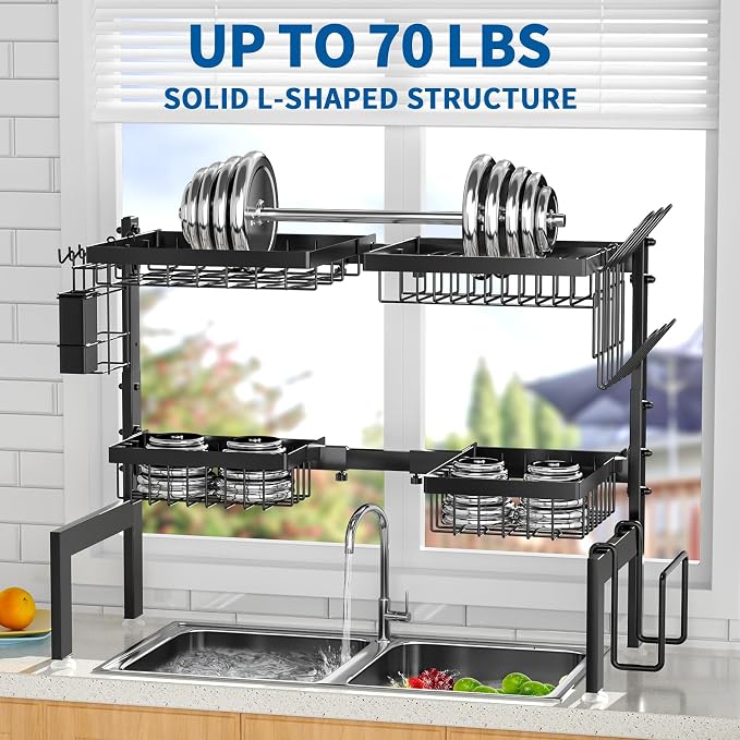 Over The Sink Dish Drying Rack,Expandable 2-Tier Stainless Steel Over The Sink Dish Rack with Utensil Holder Dish Drainers for Kitchen Counter | Stainless Steel, Cutlery Holder & Chopping Board Rack, for Kitchen Counter, Black - Image 5