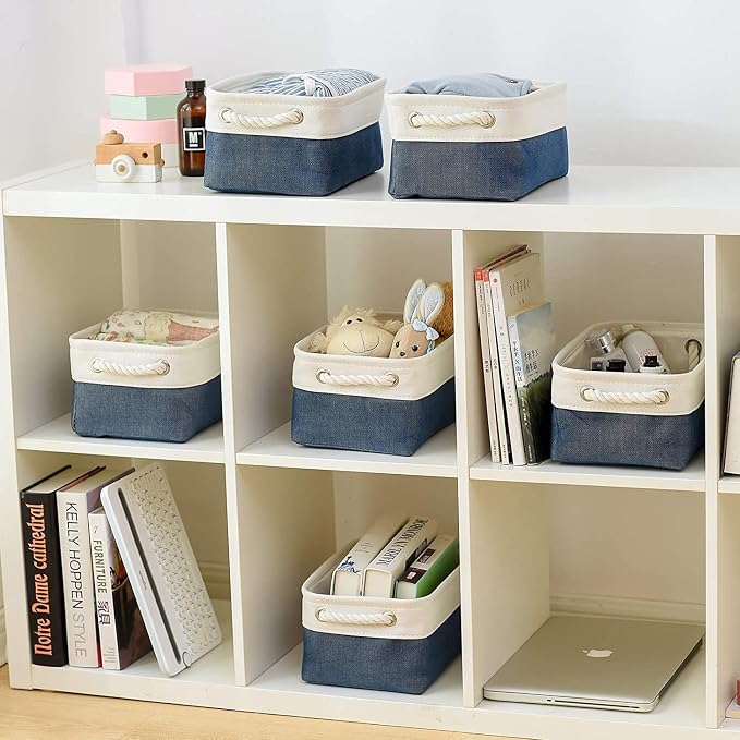 Storage Basket for Organizing - Small 12x8x5.2 inch 6 Pack Collapsible Storage Bin for Shelves, Canves Storage Cubes for Organizer Cloth Box Gift Toys Closet (White & Jean Blue) - Image 3