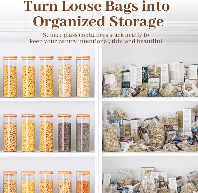 Stackable Glass Food Storage Containers with Lids [Set of 8 ], Airtight Glass Canister for Kitchen & Pantry Organization, Clear Borosilicate Jars for Pasta, Cereal, Flour, Sugar, Nuts - Image 6