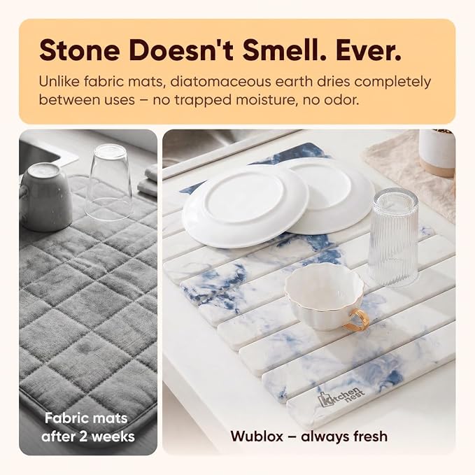 Stone Drying Mat for Kitchen Counter 24"x15" - Large Diatomite Dish Drying Mat, Kitchen Drying Stone, Super Absorbent Quick Dry, Foldable Heat Resistant, Blue Marble - Image 2