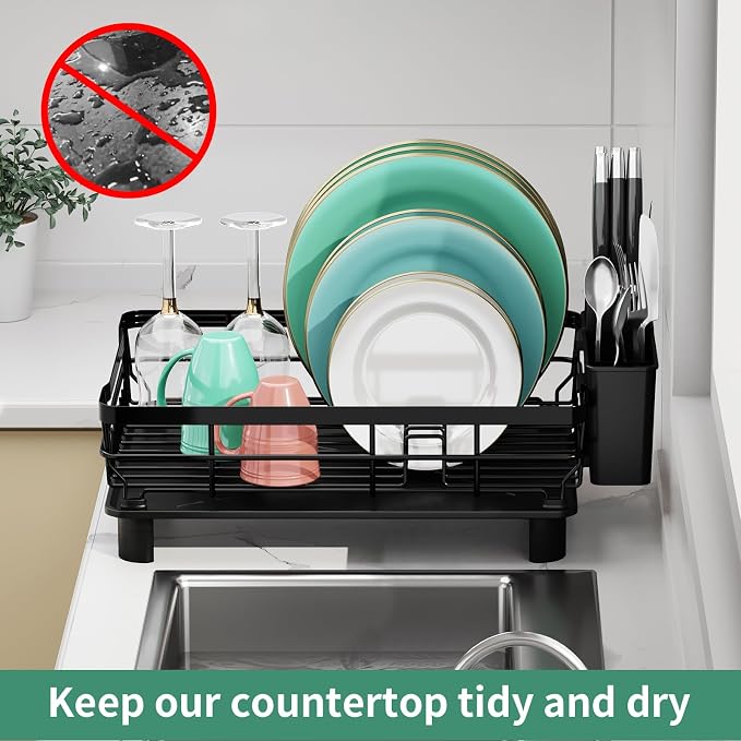 MOUKABAL Dish Drying Rack with Drainboard for Kitchen Counter, Black | 13×17 Large Capacity/Rustproof Stainless Steel/Fast Drainage Dish Drainer/Removable Utensil Holder/Kitchen Counter Organizer - Image 6