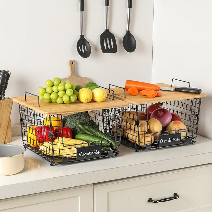 2 Set XXL Stackable Wire Basket with Bamboo Tops & Tag- Pantry Organizer and Storage Bins, Kitchen Counter Cabinet Shelf Countertop Under Sink Organizing, Food Snack Produce Onion Potato Bread Storage - Image 9