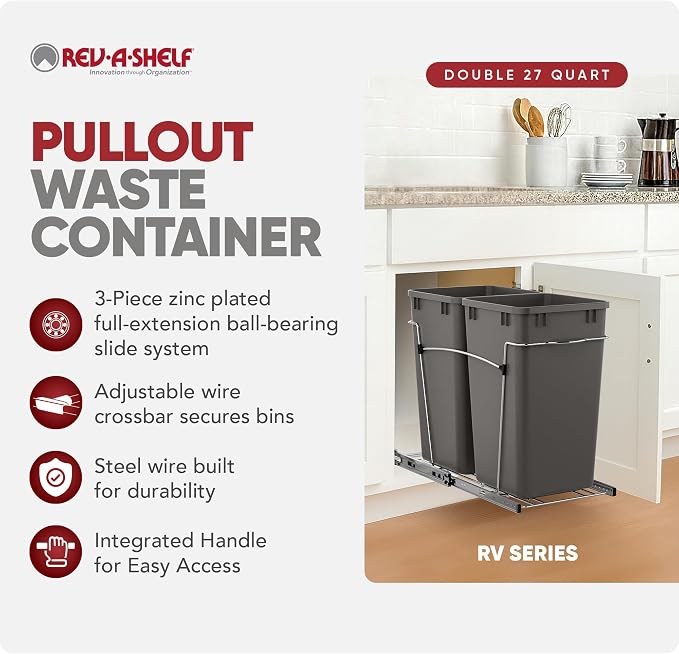 Rev-A-Shelf Double 27 Qt Pullout Trash Can for Base Kitchen Cabinets, Garbage Waste Bin System with Full Extension Slides, Min Opening Width of 11.5", Orion Gray, RV-15KD-13C-S - Image 2