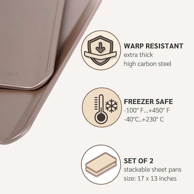 13 x 17 inch Nonstick Cookie Sheet 2-Pack Rimless, PFOA & BPA Free | | Non-Toxic - High Carbon Steel - Gold - Half Sheets for Oven Baking without Lip - Image 5