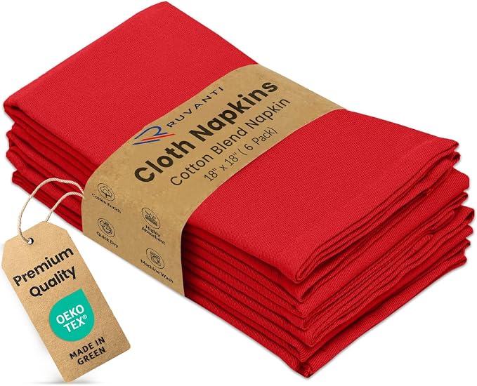 Ruvanti Cloth Napkins Set of 6, 18x18 Inches Napkins Cloth Washable, Soft, Durable, Absorbent, Cotton Blend. Table Dinner Napkins Cloth for Hotel, Weddings, Dinner, Christmas Parties - Red by Ruvanti