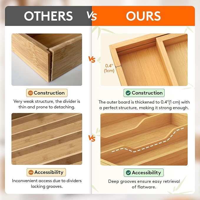 Lifewit Utensil Organizer for Kitchen Drawer, Expandable Cooking Utensil Tray, Cutlery Silverware Flatware Holder, Wood Adjustable Spatula Tools Storage Divider, 15.6-28 x 18.5, Natural - Image 5