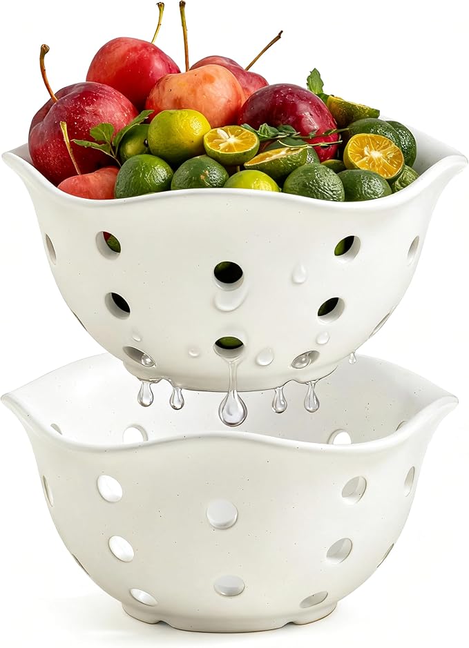 Gomakren Fruit Basket Set of 2, Ceramic Fruit Bowl Berry Basket with Holes, 7.6 Inch Fruit Containers Colander for Fridge - Farmhouse Kitchen Decor, Cream White by Gomakren