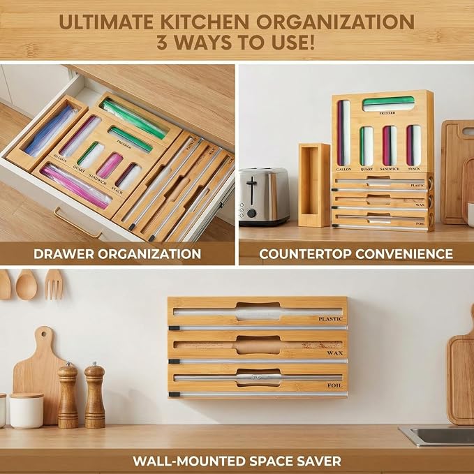 9 in 1 Storage Bag Organizer for Kitchen Drawer, Bamboo Foil and Plastic Wrap with Cutter, Ziplock Bag Organizer for Quart, Gallon, Sandwich & Snack Bags - Image 4