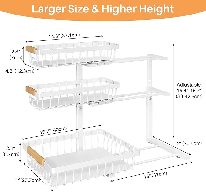 PXRACK Under Sink Organizer, 1-Pack 3-Tier Height Adjustable Thickened Metal Pull out Cabinet Organizer Shelf, Slide out Storage Drawer Rack for Bathroom Kitchen Pantry Home Organization, White - Image 8
