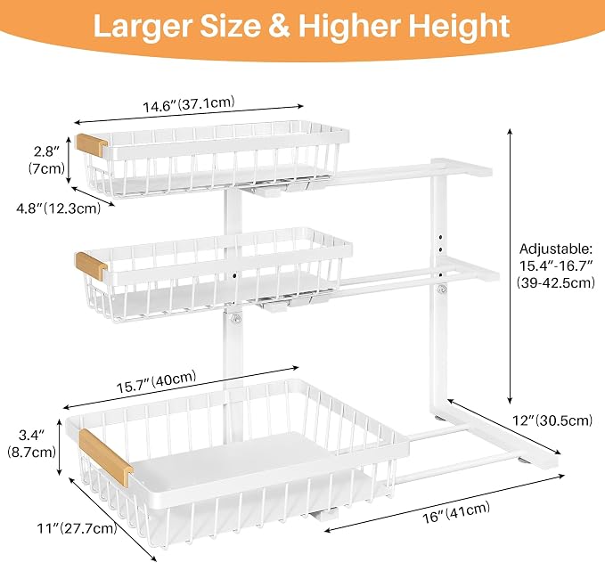 PXRACK Under Sink Organizer, 2-Pack 3-Tier Height Adjustable Thickened Metal Pull out Cabinet Organizer Shelf, Slide out Storage Drawer Rack for Bathroom Kitchen Pantry Home Organization, White - Image 7