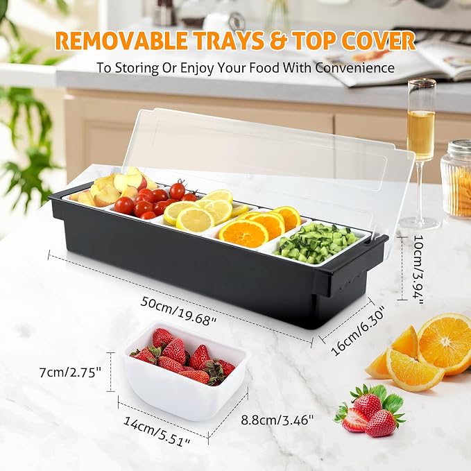 WICHEMI Fruit, Veggie & Condiment Caddy with Lid Dispenser Tray Plastic Garnish Station for Bartending & Serving Taco, Ice Cream, Salad Bar - Topping Organizer for Restaurant Supplies (5 Compartment+3 - Image 3