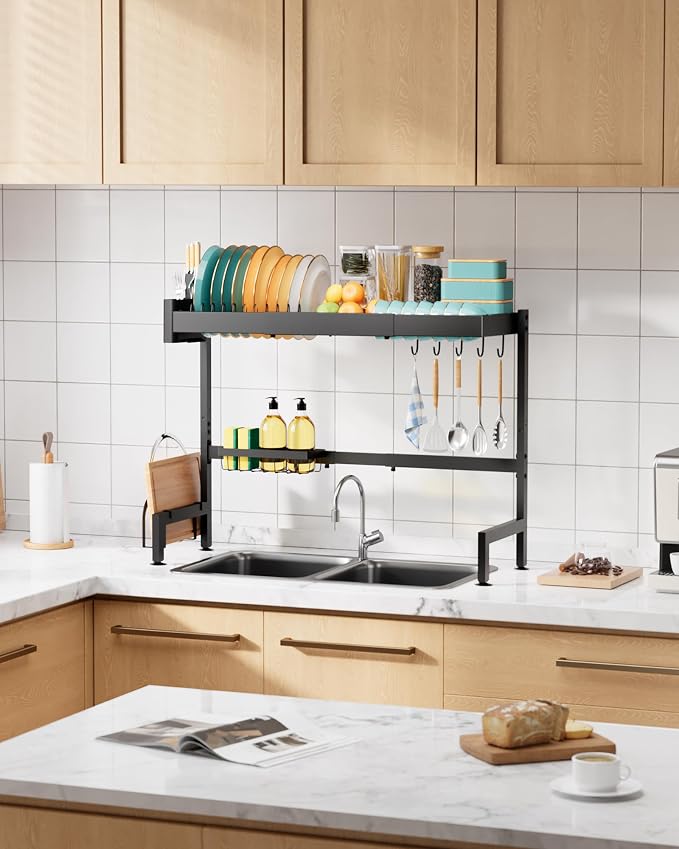 Sakugi 2-Tier Dish Drying Rack Over The Sink, Expandable for Counter | Rustproof Stainless Steel Kitchen Storage Accessories, Space-Saving 30"–34.5"Lx12"Wx25"H, Black - Image 7