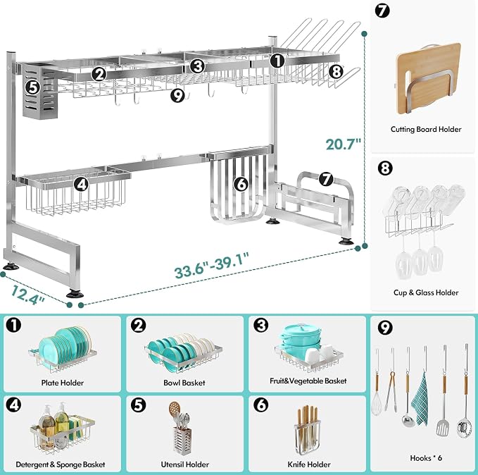 2 Tier Extra Large Stainless Steel Over The Sink Dish Drying Rack | Rust Proof Metal, Expandable Kitchen Sink Drainer, Counter Space Saving, Heavy Duty, Modern Silver, Multifunctional Storage - Image 6