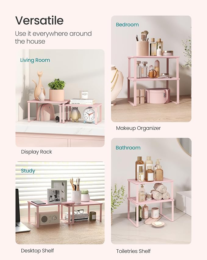 SONGMICS Cabinet Organizer Shelf, Set of 2 Kitchen Counter Shelves, Kitchen Storage, Spice Rack, Stackable, Expandable, Metal and Engineered Wood, 11.7 Inches, Jelly Pink UKCS020S01 - Image 5