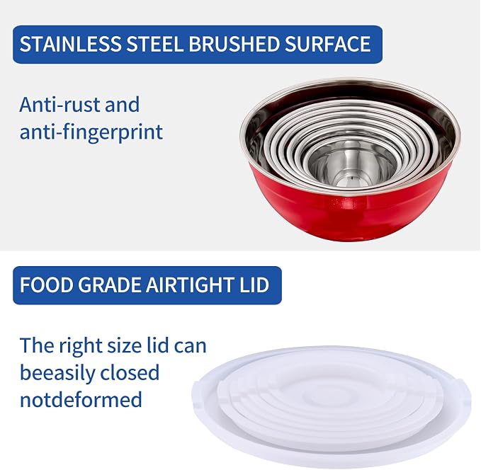 Red Mixing Bowls with Airtight Lids, Stainless Steel Nesting Mixing Bowls Set of 7, Ideal for Baking, Prepping and Serving Food, Size 7, 3.6, 2.7, 2.1, 1.5, 1.1,0.8 QT, Stackable Design - Image 5