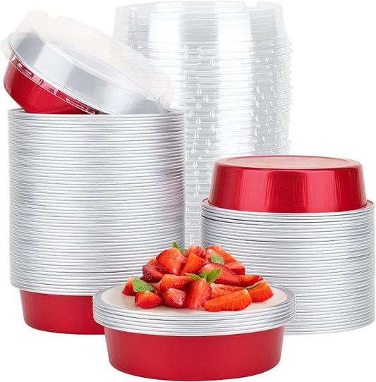 Beasea Disposable Mini Pie Tins with Lids, 100 Pack 4” 8oz Bright Red Aluminum Baking Foil Tins Small Round Tart Container for Individual Dessert Cupcake Muffin Cheesecake Ramekin Quiche Oven Dishes by Beasea