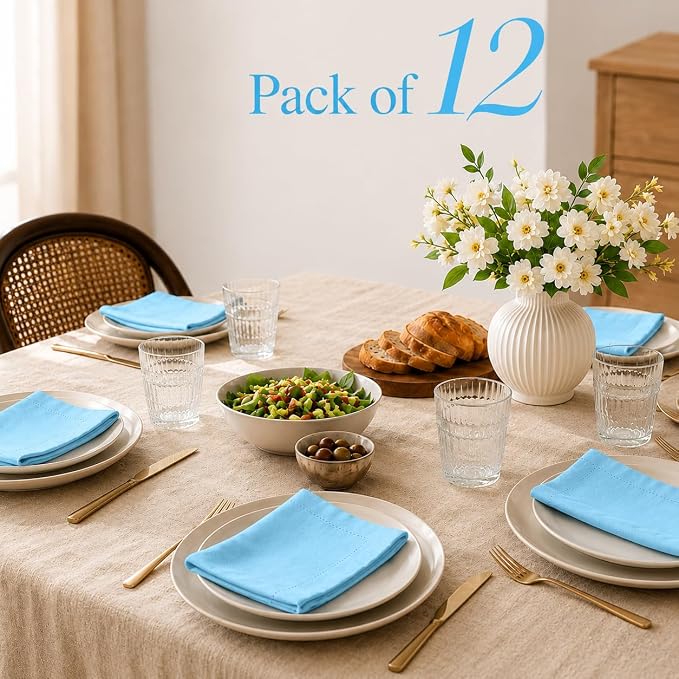 Cotton Cloth Napkins Set of 12, 18x18 Cotton Napkin Cloth Washable, Soft, Reusable Napkins for Wedding, Parties, Christmas, Thanksgiving, Everyday Use (Light Blue) - Image 8