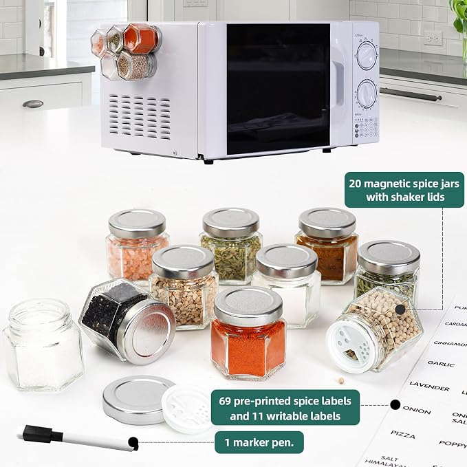 20 Glass Small Hexagon Magnetic Spice Jars for Refrigerator with Labels | Magnet Seasoning Containers with Shaker Lids, Fridge Magnetic Spice Rack Organizer with Jars - Image 3