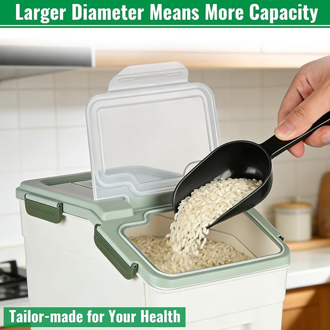 Rice Container 25 lbs Large Bulk Flour Sugar Storage Holdhouse Plastic Grain Cereal Dry Goods Bin with Spoon and Measuring Cup for Kitchen Pantry Organization - Green - Image 6