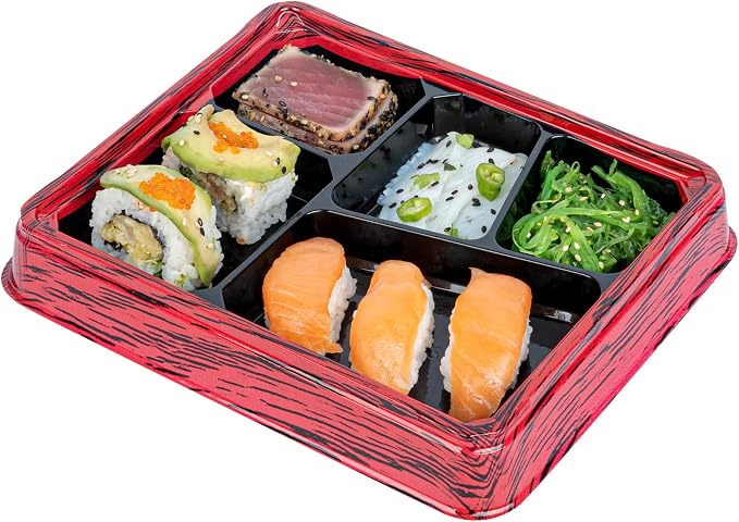 Restaurantware-Bento Tek 18.3 Ounce Meal Prep Containers, 50 Disposable To Go Food Boxes - Lids Sold Separately, 5 Compartments, Red And Black Plastic Bento Lunch Boxes, Freezable, For Take Out by Restaurantware