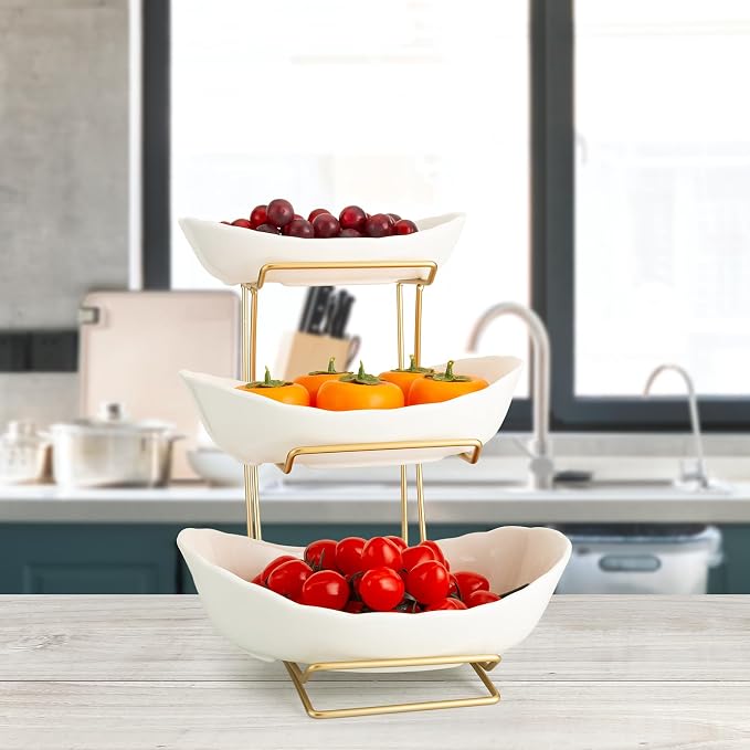 3 Tier White Gold Fruit Bowl and Tray with Metal Stand, Triple Layer Fruit Basket for Snacks, Nuts, Bread, Candy Storage - Image 3