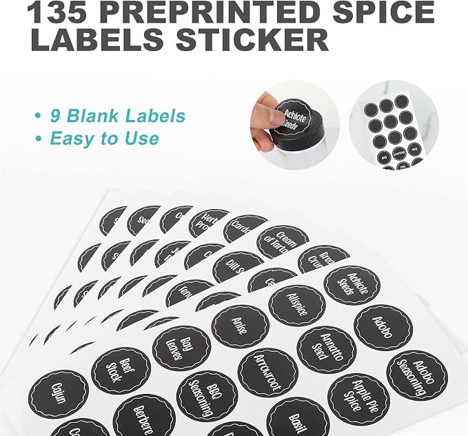Tianifa Black Countertop Rotating Spice Rack, Round Empty 20-Jars Revolving Spice Rack Organizer, 135 Spice Labels with Funnel Complete Set, for Kitchen Countertop, Cabinet - Image 5