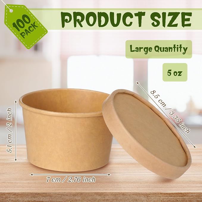 Fulmoon 100 Pack Paper Soup Containers with Lids Disposable Paper Food Containers with Vented Lid Kraft Ice Cream Cake Dessert Cups Soup Bowl for Party Hot Food Fruit Microwave(5 oz,Brown) - Image 2