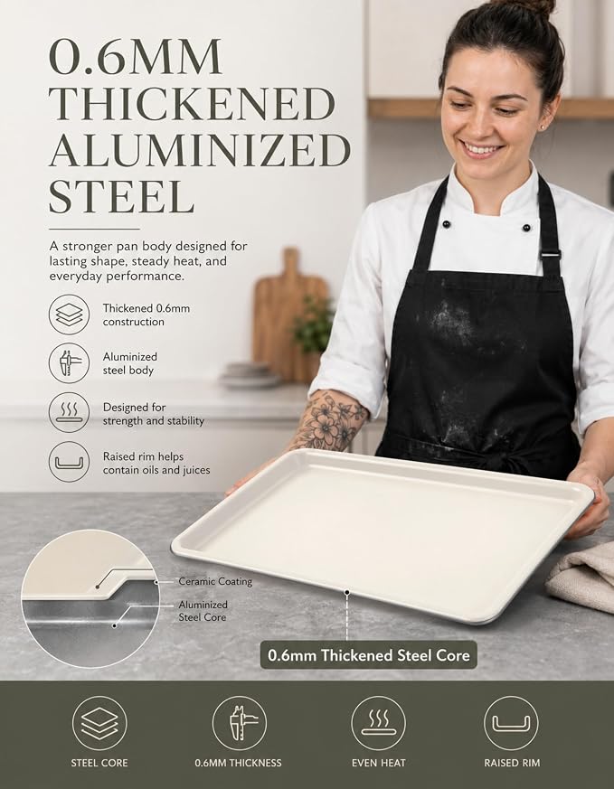 Ceramic Baking Sheet 15" x 10" Quarter Sheet Pan - KFCC Korean Ceramic Nonstick Cookie Sheet, Heavy Duty Aluminized Steel Baking Tray, Oven Safe to 550°F, For Cookies & Vegetables - Image 6