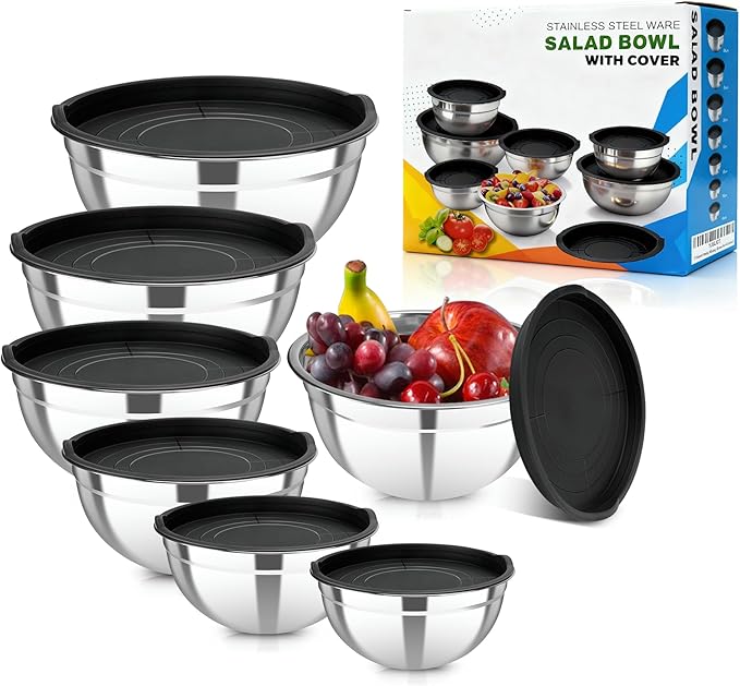 7 Pack Stainless Steel Mixing Bowls with Airtight Lids Set | 4.5qt, 4, 3.5, 2.1, 1.5, 1.1, 0.7QT, Nesting Design Metal Mixing Bowls Salad Bowl for Mixing, Prepping and Serving Food by YJSLICT
