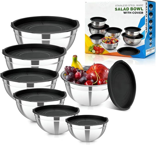 7 Pack Stainless Steel Mixing Bowls with Airtight Lids Set | 4.5qt, 4, 3.5, 2.1, 1.5, 1.1, 0.7QT, Nesting Design Metal Mixing Bowls Salad Bowl for Mixing, Prepping and Serving Food by YJSLICT