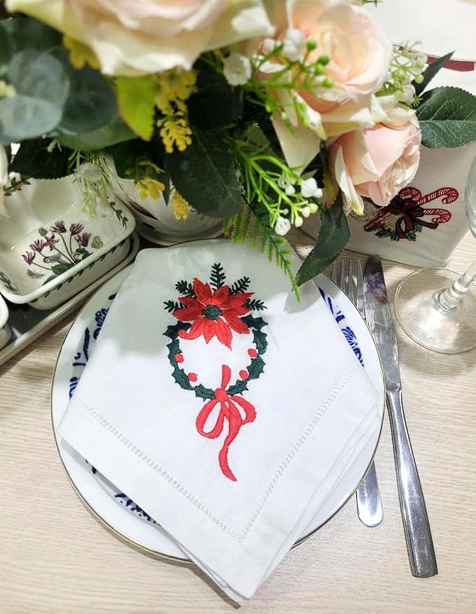 Embroidered Cloth Napkin Poinsettia Wreath Christmas Cotton Napkins Set of 6, 20 x 20 Hemstitch Table Napkins, Machine Washable, Daily & Holidays, Great Gift Ideas - Image 6