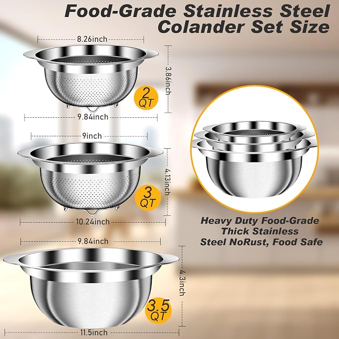 Colander, Stainless Steel Colander with Mixing Bowls (3.5QT), 3Pcs Strainer for Kitchen Gadget Food Strainer Basket with Handle, Colanders Bowl for Pasta Noodles Spaghetti Vegetables Fruit (3.5+3+2QT) - Image 2
