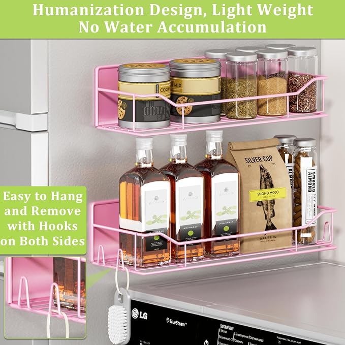 Magnetic Spice Rack for Refrigerator, 9 Pack Magnetic Fridge Shelves W/Adjustable Paper Towel Holder, Hook Rack, Moveable Spice Organizer Shelf for Kitchen Organization and Storage (Pink) - Image 4