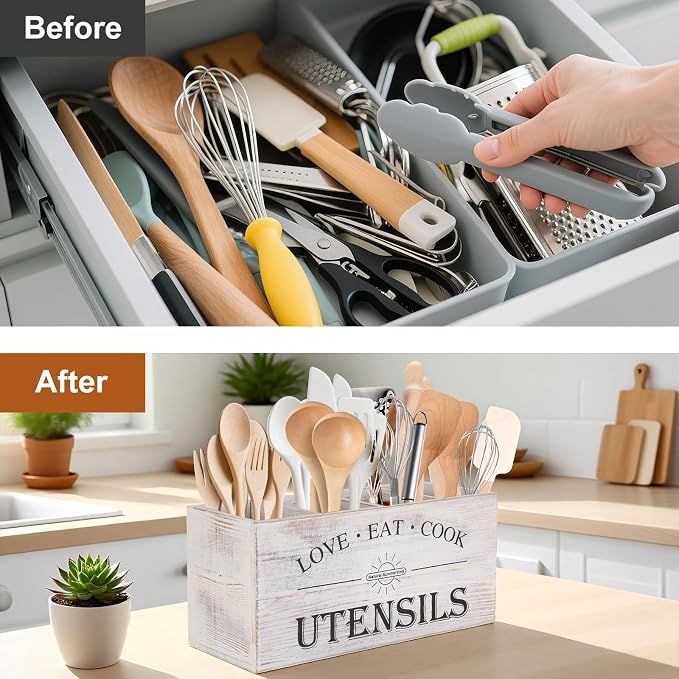 2 PC Wooden Utensil Holder,（With 4-Compartments size*1 + 3-Compartments size*1） Extra Large Kitchen Counter,Cooking Spatula Organizer,Farmhouse Decor, Rustic Cooking Utensil - Image 3