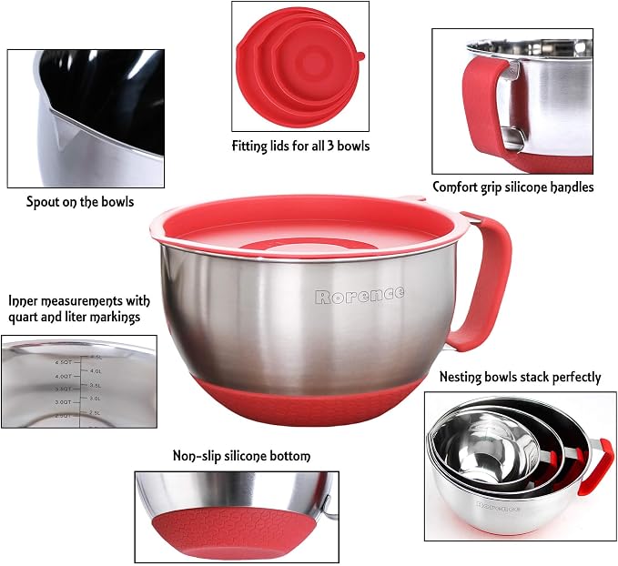 Stainless Steel Mixing Bowls: Metal Mixing Bowl Set with Lids and Handles Non-slip Silicone Bottom Nesting Bowls for Kitchen Set of 3 - Red - Image 2