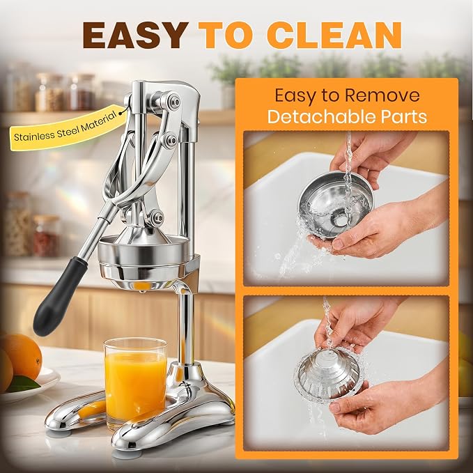 Stainless Steel Manual Citrus Juicer Heavy-Duty Lever Press | Strainer and Stable Countertop Base, Hand Juice Squeezer for Oranges, Lemons, Grapefruits, Cast Iron Juicer - Image 4