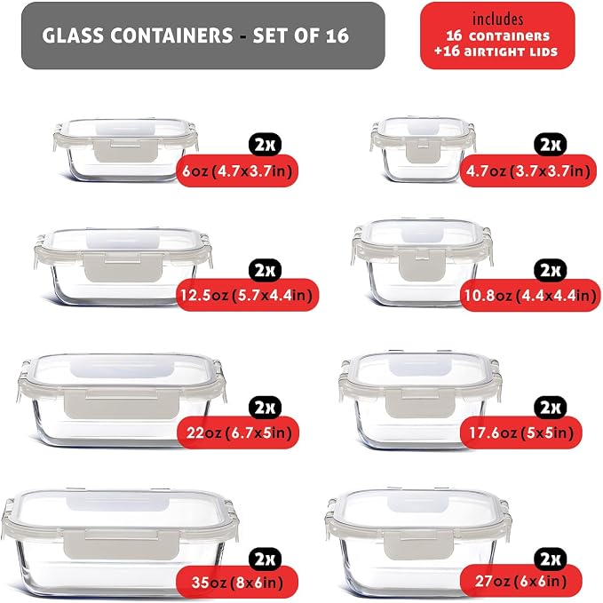 EATEX 32pc Glass Storage Containers with Lids, 16 Glass Food Storage Containers with 16 Airtight Lids for Pantry & Kitchen, Meal Prep Containers for Lunch, Oven Freezer Microwave & Dishwasher Safe - Image 2