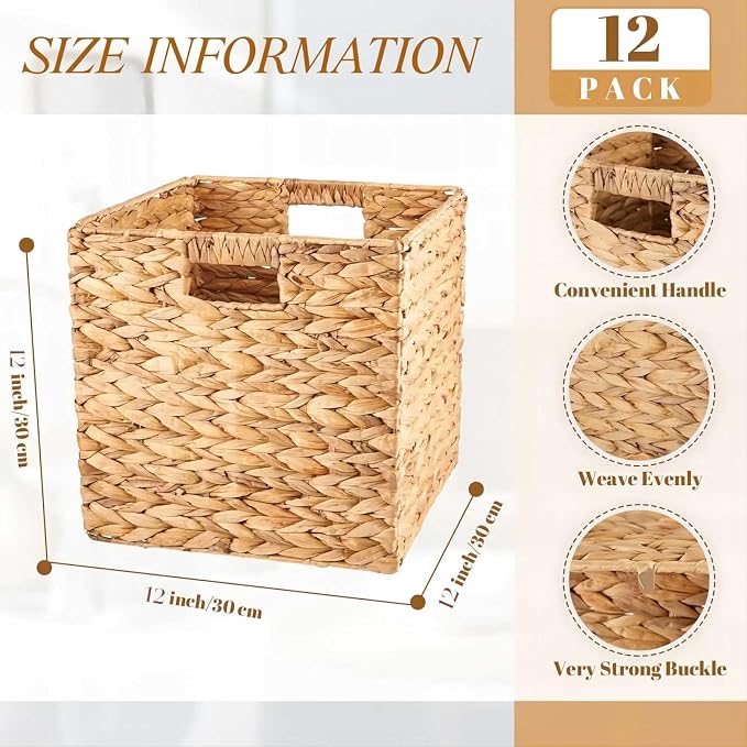 Jinei 12 Pcs Wicker Storage Basket Bulk 12 x 12 x 12 Inch Handwoven Water Hyacinth Cube Bin with Handles Woven Laundry for Organizer Shelves Wood Color - Image 2